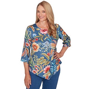 Petite Alfred Dunner Floral Print Pointed Hem Top with Necklace