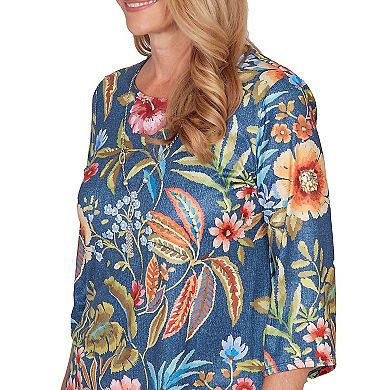 Petite Alfred Dunner Floral Print Pointed Hem Top with Necklace