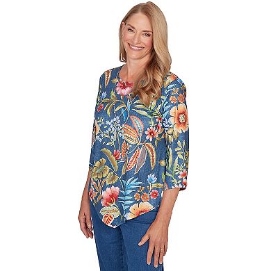 Petite Alfred Dunner Floral Print Pointed Hem Top with Necklace