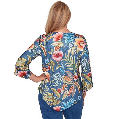 Petite Alfred Dunner Floral Print Pointed Hem Top with Necklace