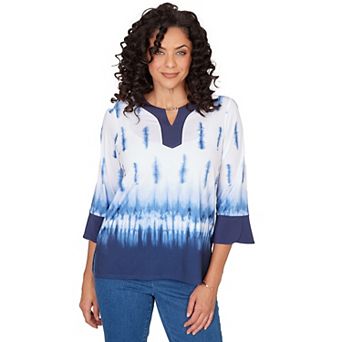 Petite Alfred Dunner Tie Dye Border Split Neck Top