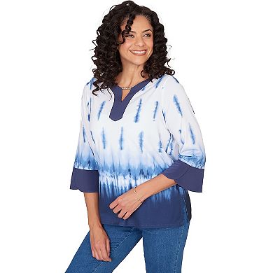 Petite Alfred Dunner Tie Dye Border Split Neck Top
