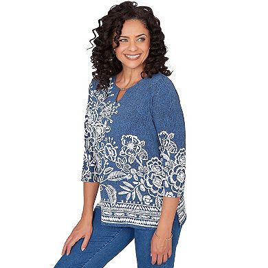 Petite Alfred Dunner Floral Border Embroidered Split-Neck Top