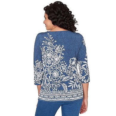 Petite Alfred Dunner Floral Border Embroidered Split-Neck Top
