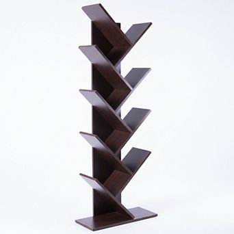 9 tier Wooden Tree Bookshelf Vertical Space-Saving Floor Standing Bookcase, Brown
