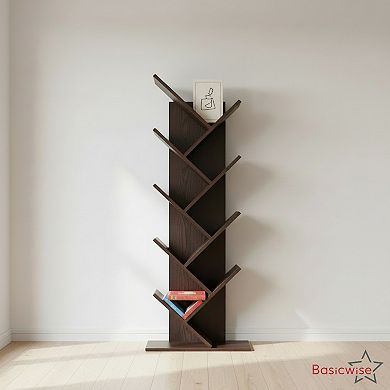 9-Tier Wooden Tree Bookshelf Vertical Space-Saving Floor Standing Bookcase, Brown