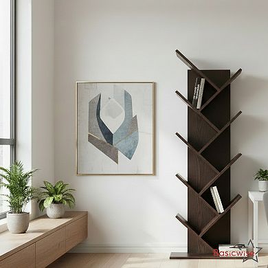 9-Tier Wooden Tree Bookshelf Vertical Space-Saving Floor Standing Bookcase, Brown