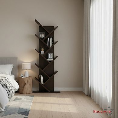 9-Tier Wooden Tree Bookshelf Vertical Space-Saving Floor Standing Bookcase, Brown
