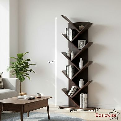 9-Tier Wooden Tree Bookshelf Vertical Space-Saving Floor Standing Bookcase, Brown