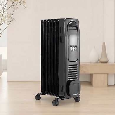 Portable Oil Heater with Three Heat Settings, LED Display, and Remote Control - Black