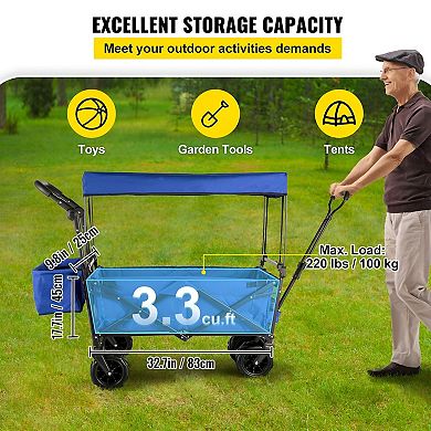 Folding Utility Wagon with Canopy and 360° Wheels for Beach, Camping, and Yard