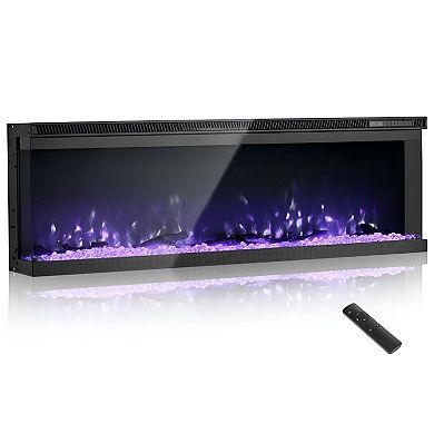 Modern Electric Wall-Mount Fireplace with Logs Crystals and Remote Control - Black