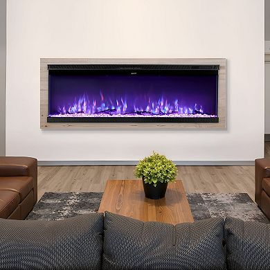 Modern Electric Wall-Mount Fireplace with Logs Crystals and Remote Control - Black
