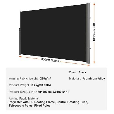 Patio Side Awning Privacy Screen Retractable 5.91 x 9.84 ft for Wind and Sun Blocking
