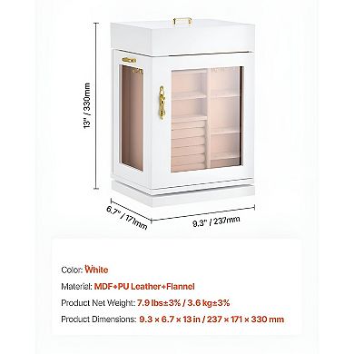Jewelry Storage Box with Compartments and Necklace Hooks, Rotating Design - White