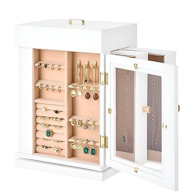 Jewelry Storage Box with Compartments and Necklace Hooks, Rotating Design - White