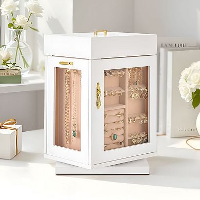 Jewelry Storage Box with Compartments and Necklace Hooks, Rotating Design - White