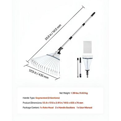 Adjustable Leaf Rake with Telescopic Handle, Expandable Metal Garden Rake
