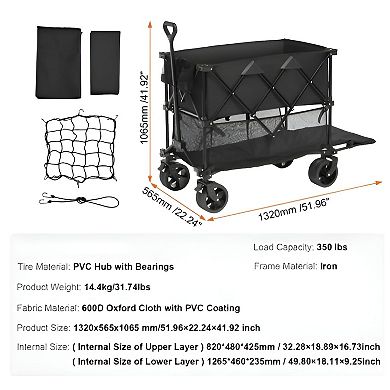Collapsible Wagon with 360° Bearing Wheels and Built-In Storage Pockets - Black