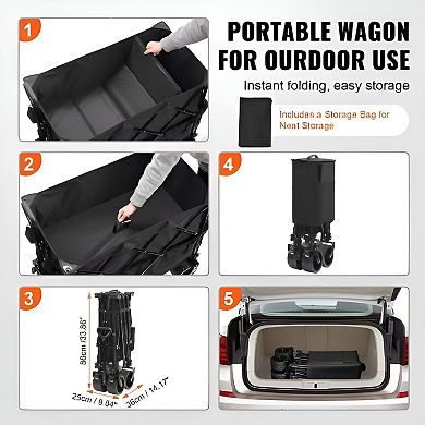 Collapsible Wagon with 360° Bearing Wheels and Built-In Storage Pockets - Black