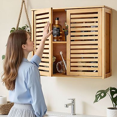 Natural Wall-Mounted Bathroom Cabinet 23x8x20 in with Adjustable Shelf and Multi-Layer Storage