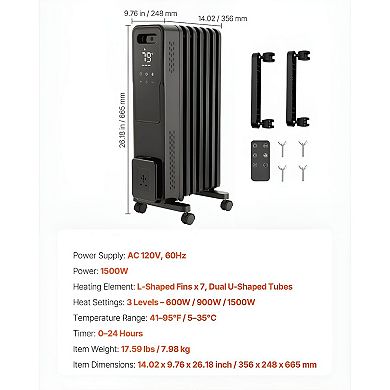 Oil-Filled Radiator Heater with 1500W Output, 360° Heat and Adjustable Timer - Black