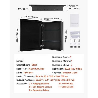 Black Mirror Medicine Cabinet with Adjustable Glass Shelves Wall-Mount or Recessed