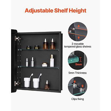 Black Mirror Medicine Cabinet with Adjustable Glass Shelves Wall-Mount or Recessed