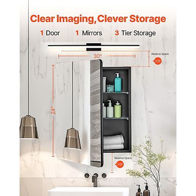 Black Mirror Medicine Cabinet with Adjustable Glass Shelves Wall-Mount or Recessed