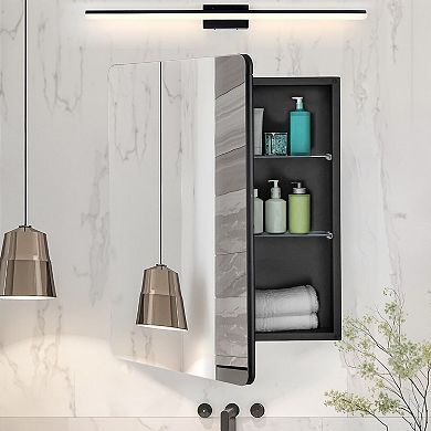 Black Mirror Medicine Cabinet with Adjustable Glass Shelves Wall-Mount or Recessed