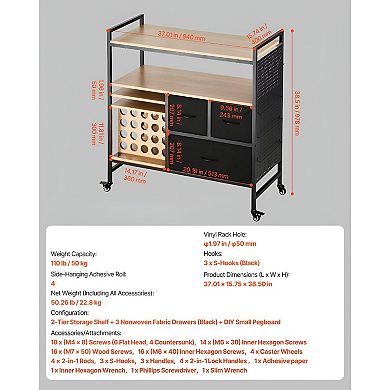 Craft Storage Cart with 3 Drawers, Pegboard, and Smooth-Moving Swivel Casters