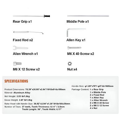 Multi-Purpose Garden and Pond Rake with 37 Tines and Two-Level Length Adjustment - Silver