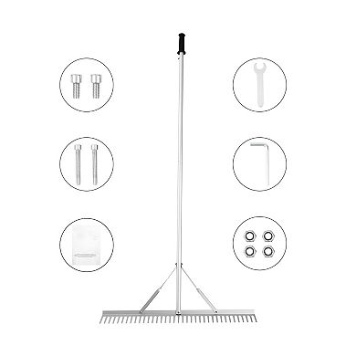 Multi-Purpose Garden and Pond Rake with 37 Tines and Two-Level Length Adjustment - Silver