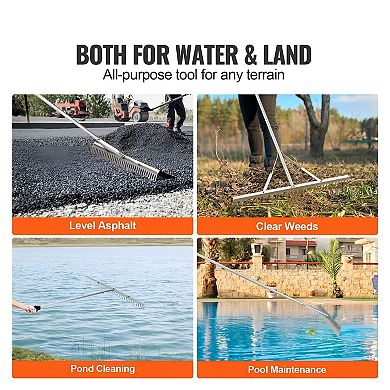 Multi-Purpose Garden and Pond Rake with 37 Tines and Two-Level Length Adjustment - Silver