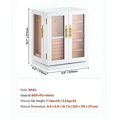 Jewelry Storage Box with Adjustable Compartments, 360° Rotation - White