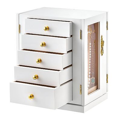 Jewelry Storage Box with Adjustable Compartments, 360° Rotation - White