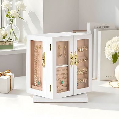 Jewelry Storage Box with Adjustable Compartments, 360° Rotation - White