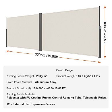 Outdoor Retractable Side Awning Privacy Screen for Patio Balcony Wind and Sun Blocking 5.9 x 19.6 ft