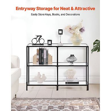 Narrow Glass Console Table with Shelves for Entryway or Hallway - Black