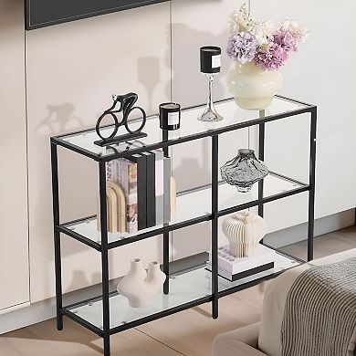 Narrow Glass Console Table with Shelves for Entryway or Hallway - Black