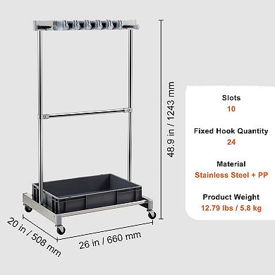 Rolling Garden Tool Organizer with Wheels 10 Slots and Hooks for Garage Storage Grey