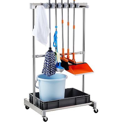 Rolling Garden Tool Organizer with Wheels 10 Slots and Hooks for Garage Storage Grey