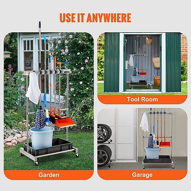 Rolling Garden Tool Organizer with Wheels 10 Slots and Hooks for Garage Storage Grey