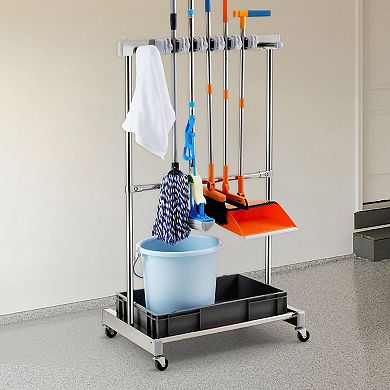 Rolling Garden Tool Organizer with Wheels 10 Slots and Hooks for Garage Storage Grey