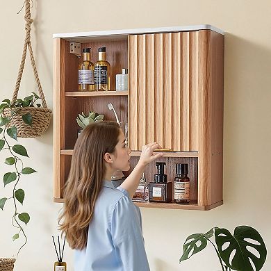 Compact Wall-Mount Bathroom Cabinet with Adjustable Interior Shelf and Organized Storage - Natural