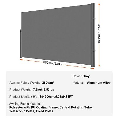 Retractable Grey Side Awning Screen with Spring Handle for Patio Balcony Outdoor Use 5.25 x 9.84 ft