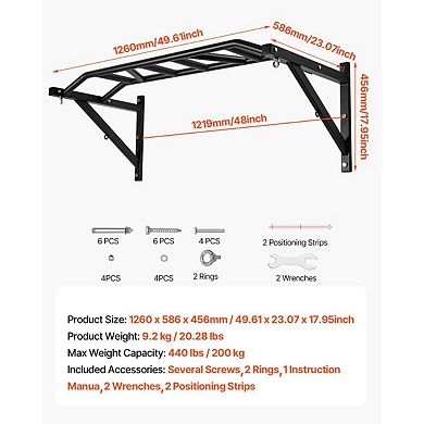 Wall-Mounted Pull-Up Bar with 10 Grip Positions for Home Strength Training - Black