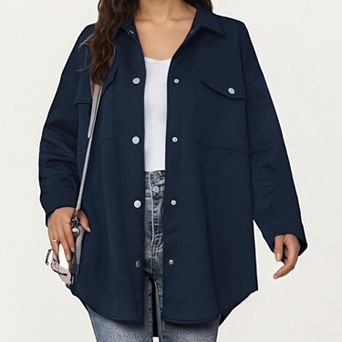 Women's Quilted Button Front Overshirt Top with Collared Neckline, Long Sleeves, and Relaxed Fit