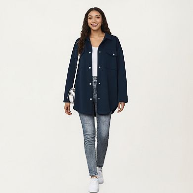 Women's Quilted Button Front Overshirt Top with Collared Neckline, Long Sleeves, and Relaxed Fit