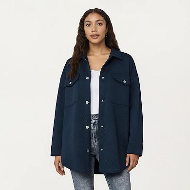 Women's Quilted Button Front Overshirt Top with Collared Neckline, Long Sleeves, and Relaxed Fit